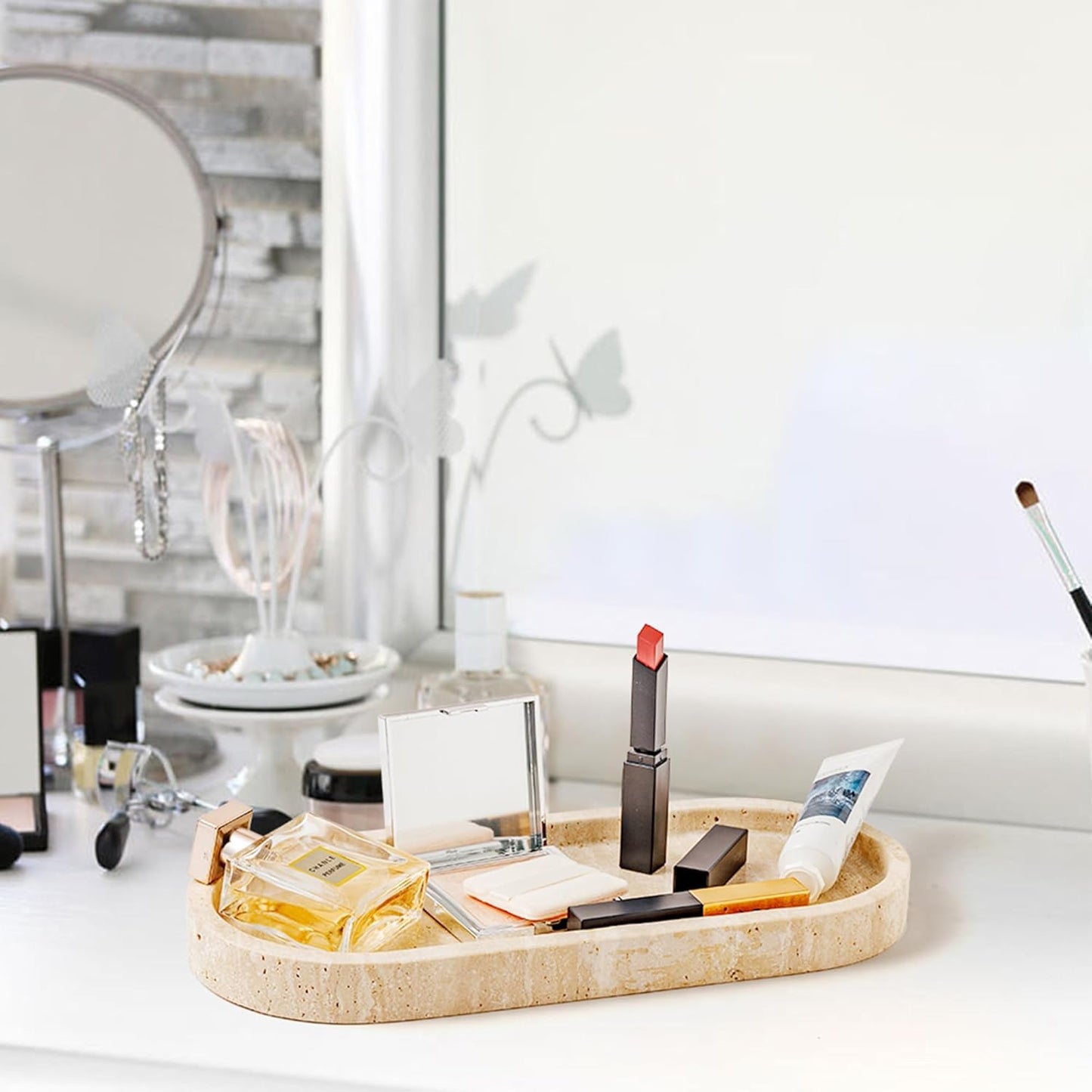 Italian Travertine Stone Tray – 30 x 12.7 cm Natural Marble Storage Organiser for Jewellery, Candles & Perfume, Bathroom, Dresser & Kitchen Decor (Beige)