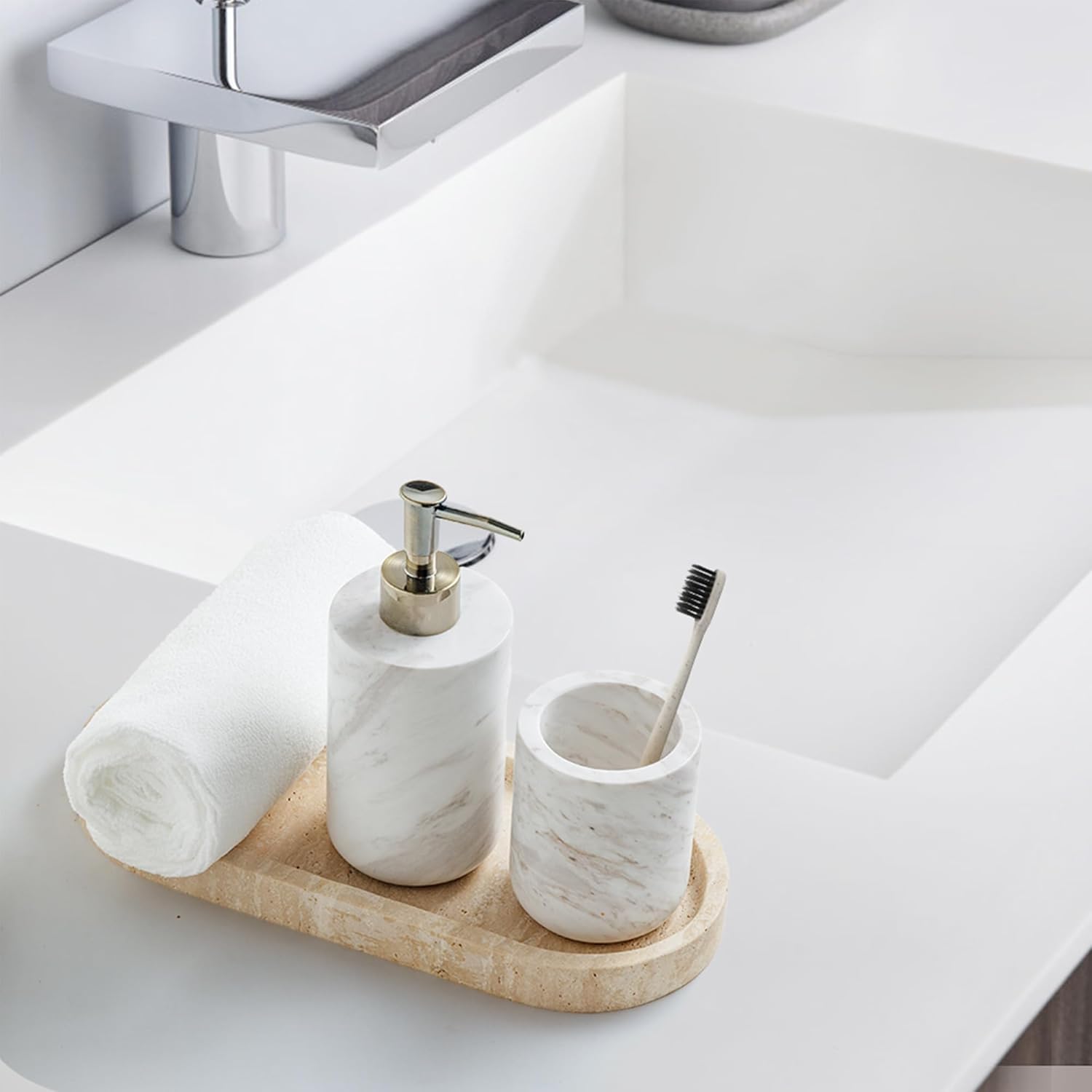Italian Travertine Stone Tray – 30 x 12.7 cm Natural Marble Storage Organiser for Jewellery, Candles & Perfume, Bathroom, Dresser & Kitchen Decor (Beige)