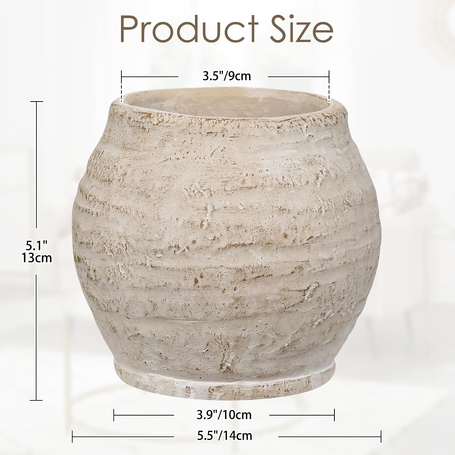 Small Rustic Cement Vase, 13cm (3.5" Opening) – Beige Farmhouse Planter for Pampas Grass & Dried Flowers, Living Room, Entryway & Bathroom Decor