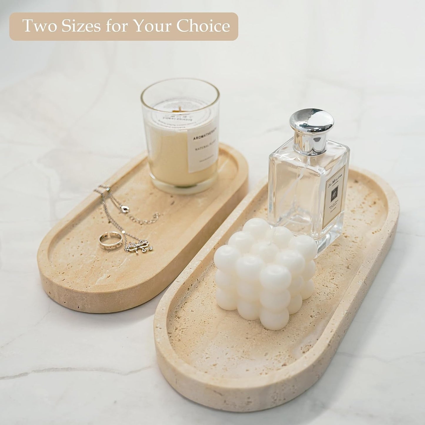Italian Travertine Stone Tray – 30 x 12.7 cm Natural Marble Storage Organiser for Jewellery, Candles & Perfume, Bathroom, Dresser & Kitchen Decor (Beige)