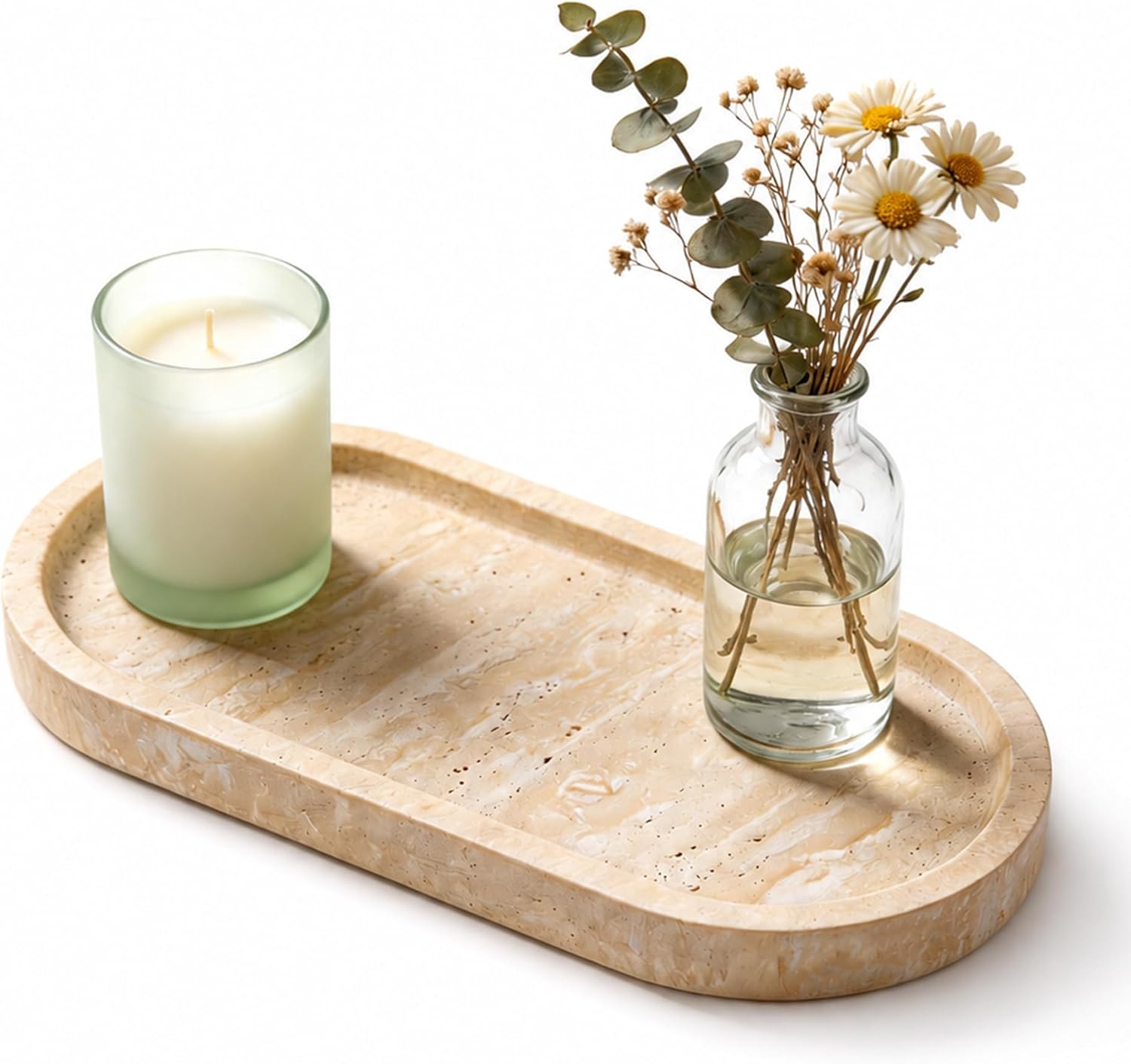 Italian Travertine Stone Tray – 30 x 12.7 cm Natural Marble Storage Organiser for Jewellery, Candles & Perfume, Bathroom, Dresser & Kitchen Decor (Beige)