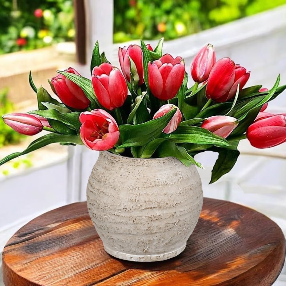 Small Rustic Cement Vase, 13cm (3.5" Opening) – Beige Farmhouse Planter for Pampas Grass & Dried Flowers, Living Room, Entryway & Bathroom Decor