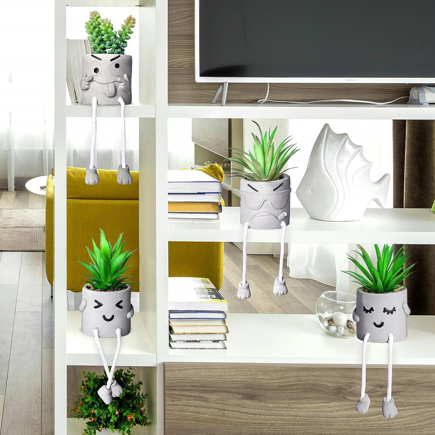 Mini Artificial Succulents in Ceramic Pots – Set of 4 Faux Plants for Home, Desk, Shelf, Kitchen & Office Decor